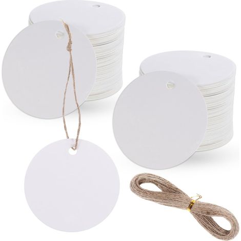 Set mit 100 runden, weißen Geschenkanhängern (5 cm) mit 20 m Hanfseil, Geschenkanhänger, Etiketten für Partys, Bastelarbeiten, Hochzeiten, Weihnachten (1/5)