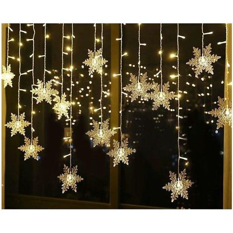 Guirlandes lumineuses, rideaux lumineux, 4 mètres de lumières de Noël à 96 LED en forme de flocon de neige avec 8 modes d'éclairage, blanc chaud (SKU produit : 98195794 SKU Offre : mwj25.10.20-12) (1/4)