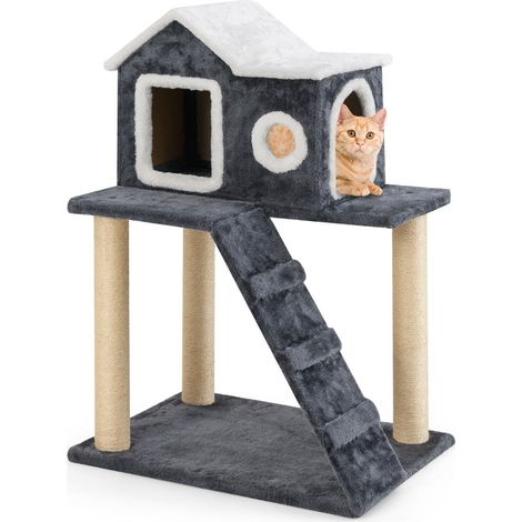 Poste rascador de 90 cm de alto con cueva grande, escalera y postes de sisal Árbol para gatos, árbol trepador, gris (1/5)