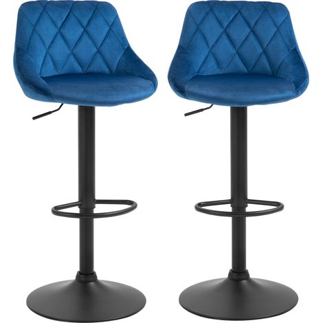 Lot de 2 tabourets de cuisine design avec dossier et repose-pieds, assise en velours et piètement en métal, 46 x 48 x 83-104 cm, bleu