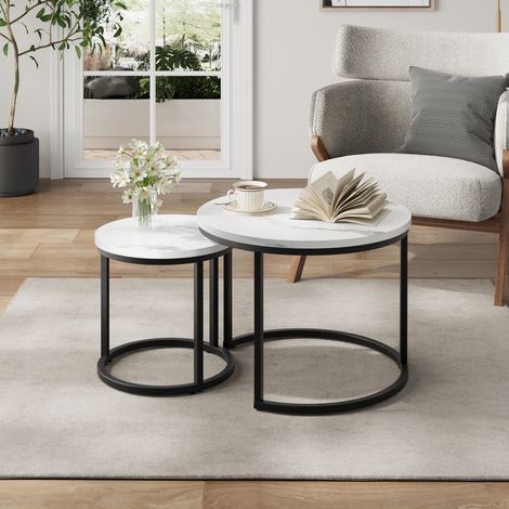 Lot de 2 tables d'appoint rondes blanches, table basse gigogne de 60 cm à piètement métallique, mobilier contemporain pour salon, chambre, balcon, terrasse, bureau ou petit espace. (1/5)