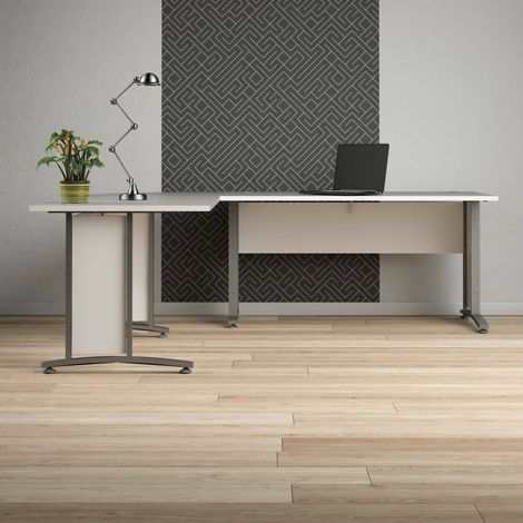 Dmora - Escritorio Cezannine, Escritorio multiusos, Mesa de oficina para PC, El plan de trabajo, 230x200 h75 cm, Blanco y Gris (1/5)