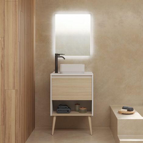 Meuble salle de bain avec vasque posée NARA TOP chêne clair blanc 60 cm Miroir inclus (1/5)