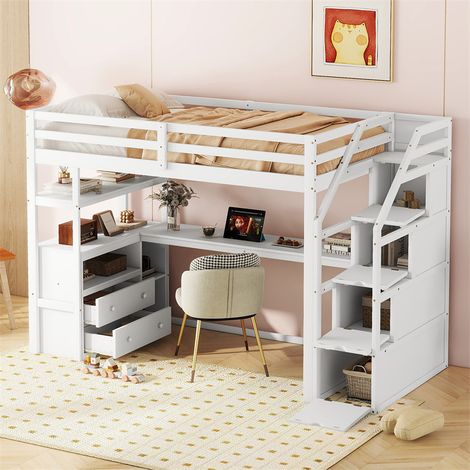 Lit mezzanine 90x200cm, avec sommier à lattes, plateau de table, escaliers de rangement, 2 tiroirs, anti-chutes, blanc (1/5)
