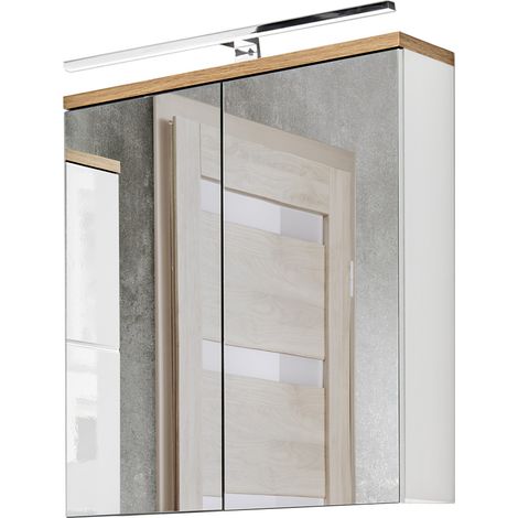 Badezimmer Spiegelschrank 60 cm LED-Beleuchtung LUTON-56 weiß mit Wotan Eiche Nb., B/H/T ca. 60/70/20 cm (1/3)