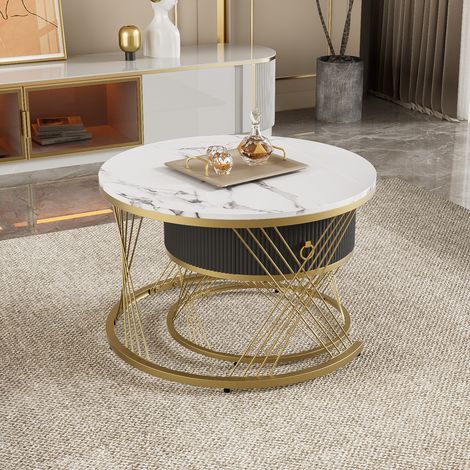 Table basse élégante à composer : effet marbre,décoration dorée,table d’appoint avec tiroirs - Ensemble de 2-Da