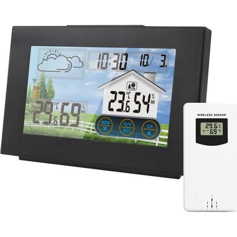 Station météo sans fil avec réveil électronique, fonction snooze, thermomètre et hygromètre numériques pour une utilisation intérieure et extérieure, grand écran LCD couleur, prévisions météo et bouto