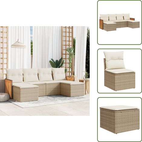 6-tlg. Garten-Sofagarnitur mit Kissen Beige Poly Rattan - Gartensortiment - Gartenmöbelset - Lounge Set - Rattan Möbel - Polyethylen Furniture (1/5)