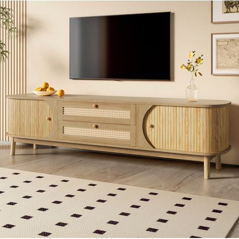 TV-Schrank (170 x 39.5 x 46 cm), mit Türen und Schubladen, Rattandetails, MDF, Natur (1/5)