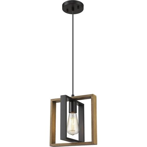 Lampe suspendue européenne 1 lumière, noir + bois, sans ampoule, design moderne minimaliste carré en bois et métal, pour salle à manger, îlot de cuisine, culot E27 (1/5)