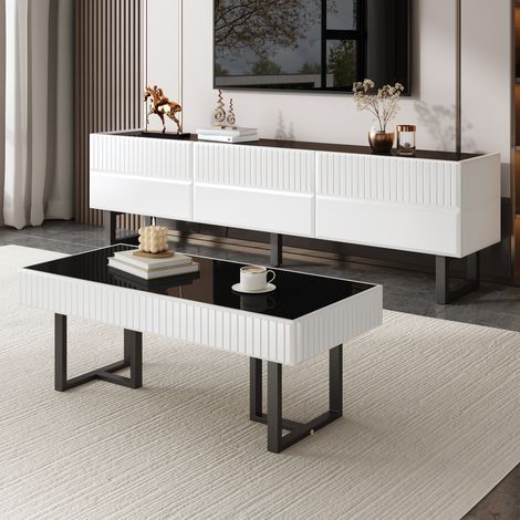 Meuble TV et table basse noir et blanc, finition brillante DESVIAE