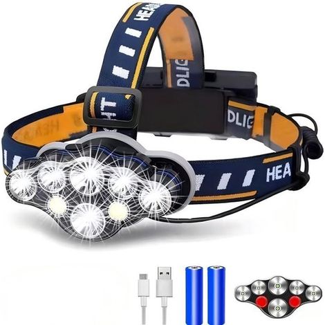 Linterna frontal superbrillante, 18.000 lúmenes, 8 bombillas LED, 8 modos, luz de advertencia roja, recargable por USB, resistente al agua, para el trabajo, acampada, senderismo y pesca. (1/5)