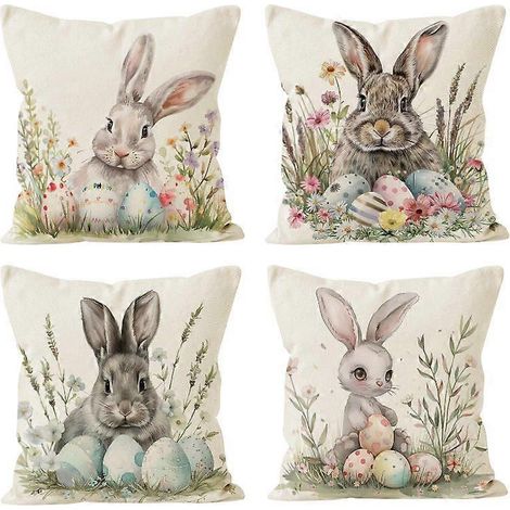 Ensemble de 4 housses de coussin décoratives en lin, motif lapin de Pâques, 45 x 45 cm, pour canapé, salon ou décoration printanière. (1/4)