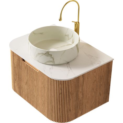 Meuble vasque suspendu 61 cm avec vasque ronde en céramique blanche à motif pierre et plan supérieur blanc Carrara, meuble en contreplaqué rayé à bords incurvés avec tiroir, préassemblé, grain de bois (1/5)