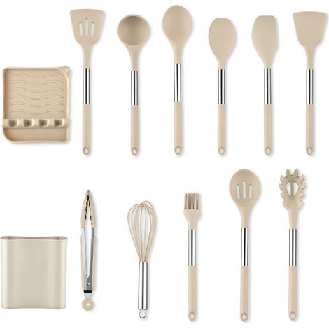 Ensemble de 13 ustensiles de cuisine en acier inoxydable et silicone : cuillère, spatule, louche. (1/5)
