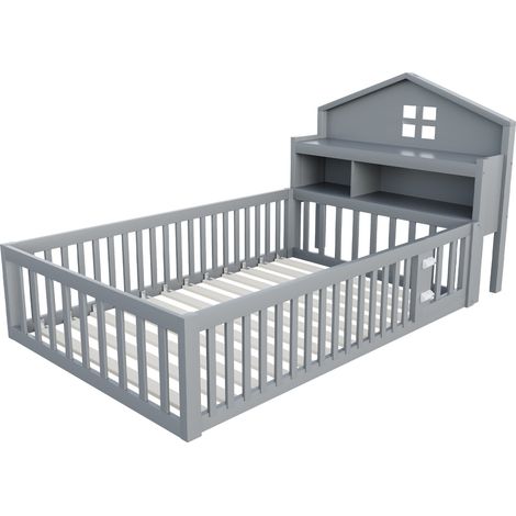 Cama casita infantil 90 x 200 cm gris con almacenaje, barrera, puerta y somier (1/5)
