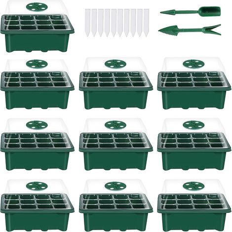 10er-Set Anzuchtschalen (12 Zellen pro Schale) mit verstellbaren Deckeln und Untersetzern