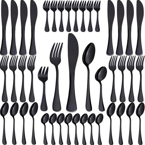 Set de Couverts 40 Pièces Noir, Service de Table Acier Inoxydable 8 Fourchettes, 8 Couteaux, 8 Cuillères, 8 Cuillères à Café, 8 Fourchettes à Gâteau (1/5)