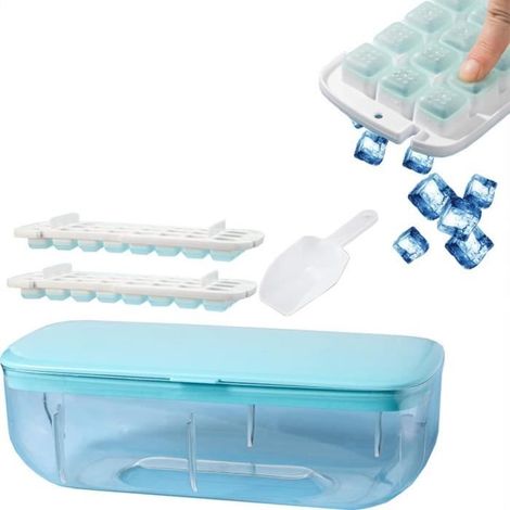 Ice Cube Tray with Lid and Bin,Press Type Ice Cube Maker,Ice Cube Tray with Lid and Bin,One Second Release All Ice Cubes+Scoop+bleu (1/4)