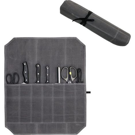 Estuche enrollable para cuchillos, Estuche enrollable plegable multifuncional para herramientas barbacoa, Soporte cuchillos chefs viajeros (gris) (1/5)