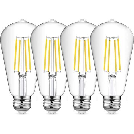 E27 ST64 LED Filament Bulb, 8W Cool White Vintage Light Bulb, 6500K, Vintage Edison Bulb, Retro Antique Lamp, Equivalent to 80W Incandescent Bulb, 4 Pack