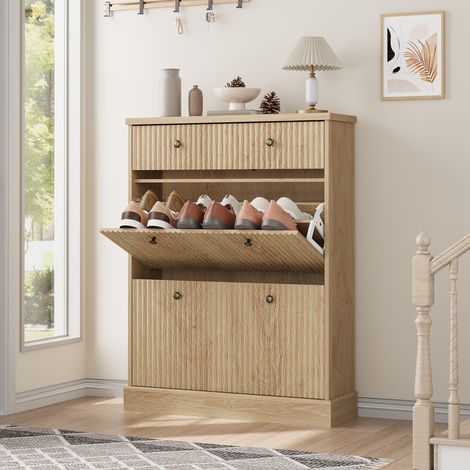 Meuble à chaussures avec 2 compartiments abattants et grand tiroir – Design à rainures, étagère réglable, fin et gain de place – Pour entrée et salon – Couleur bois naturel (1/5)