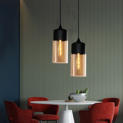 Suspension Luminaire Vintage Industriel Lustre Suspension Abat-jour en Verre Lustre Plafonnier Noir et Ambre E27 Ø13CM - 2Pcs