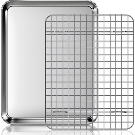 Plaque de Cuisson avec Grille de Refroidissement: un lot Plaques et Grilles pour Cuisson au Four en Acier Inoxydable, Plat Four pour Rôti la Maison Cuisine Barbecue 31,5x24,5x2,5cm (1/5)