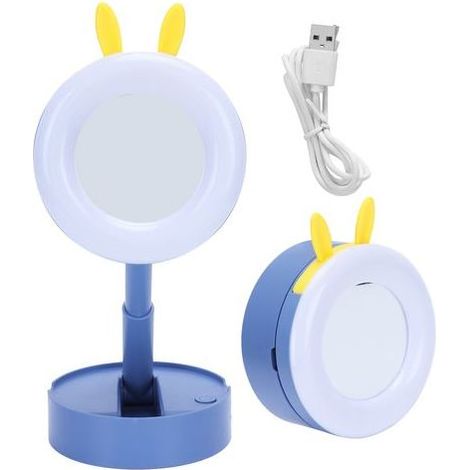 Miroir de maquillage LED portable, lampe miroir cartoon pour enfant fille, bleu, usage bureau et déplacement. (1/5)