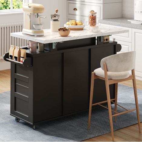 Îlot de cuisine 138/60/93 cm noir avec plateau relevable, LED et rangement (1/5)