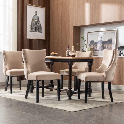 Chaise salle a manger velours bois massif beige 4 pieces OKMYHOME (1/5)