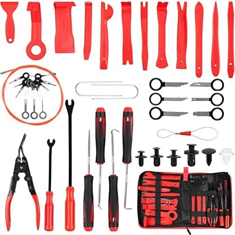143PCS Outil Demontage Garniture Auto, Outils De DéMontage Garnitures Trousse ​pour Panneaux de Voiture Portes Tableaux Bord Radios（Rouge ） Rouge - (1/5)