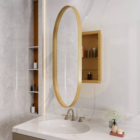 Mobile da bagno a parete con specchio ovale - 85x51,5x12 cm - struttura in metallo, specchio e ripiani regolabili - dorato