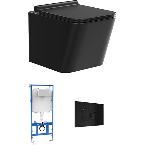 Pack WC suspendu en céramique noir mat avec option bâti-support et plaque de déclenchement ronde - CLEMONA (1/5)