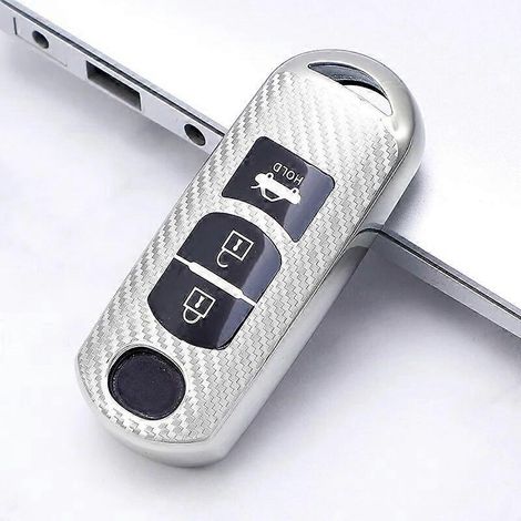 TPU-Schlüsselhülle mit Carbonmuster für Mazda 2, 3, 6, Atenza, Axela, Demio, CX-5, CX5, CX-3, CX7, CX-9 (2015–2019) – Silber