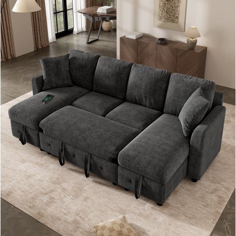 Sofá cama chaise longue con almacenaje chenilla OKMYHOME (1/5)