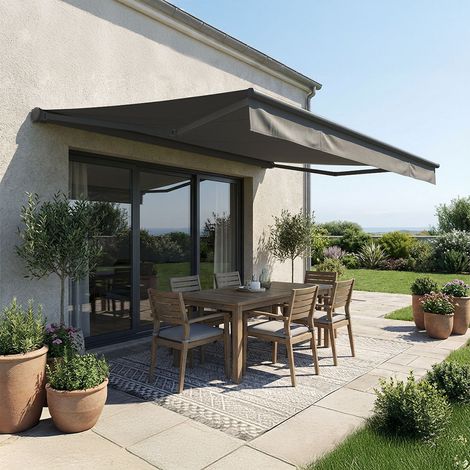 Store banne loggia DIONEA (Motorisation à télécommande + Manœuvre de secours - Gris anthracite RAL 7016 - Gris foncé 250g/m² - 4.00 x 3.00 m)