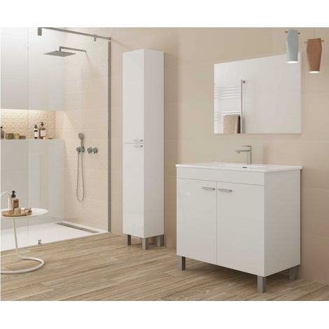 Meuble de salle de bain au sol 80 cm 2 portes blanc brillant avec miroir et lavabo encastré – Kolding - Blanc Avec double colonne et lampe LED - Accessorio: Con lampada Led - Colore: Bianco (1/7)