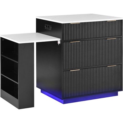 Isola cucina estensibile con LED, prese USB/Type-C, cassetti e ripiani, MDF nero (1/5)