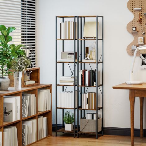 Set di 2 librerie a 6 ripiani, struttura in acciaio, per soggiorno, ufficio, camera da letto, marrone rustico