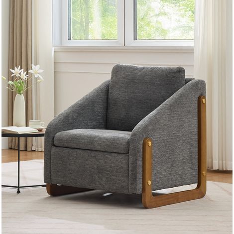 Sillón lounge gris de chenilla con reposabrazos de madera, 73,5 x 73,5 x 73,5 cm, carga 110 kg (1/5)