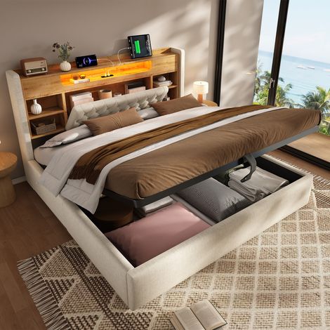 Lit coffre 140x190 cm avec hydraulique rangement Lit double rembourré avec éclairage LED et port USB Lin Beige (1/5)