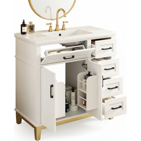 ELVMI Mueble Bajo Lavabo 4 Cajones, Compartimento Abatible, 2 Puertas, Lavabo Cerámico, MDF, 90 x 46 x 87 cm, Blanco (1/5)