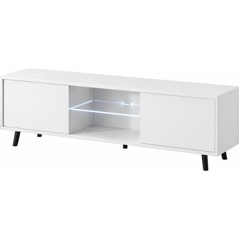 Mobile Porta TV Con 2 Ante Battenti Vano Centrale Con Ripiano In Vetro E LED Struttura In Melaminico Piedini In Metallo Per Soggiorno Salotto Zona Living 140 X 31.5 X 40 Cm Bianco (1/5)