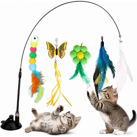 Jouet interactif pour chat avec ventouse, canne à pêche flexible avec 5 plumes et pendentifs clochette, canne de jeu télescopique pour chats d'appartement, chatons et chats adultes (1/5)
