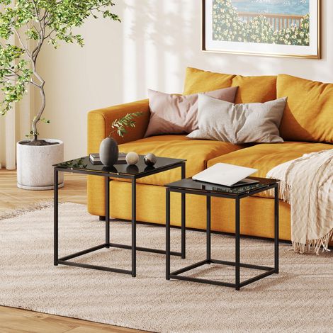 Beistelltisch 2er-Set Couchtisch-Set Kaffeetisch mit Glastischplatte quadratischer Sofatisch aus Stahl schwarz für Wohnzimmer (1/5)