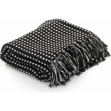 1 pièce Couverture coton, motif carrés, finition glands, noir, 220 x 250 cm, pour canapé lit ou chaise (1/4)