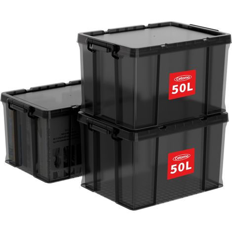50L3 Boîtes de rangement, boîte empilable avec couvercles, contenant robuste avec coins renforcés, côtés verticaux et verrouillage à pression, durable, en plastique, Noir clair,50L - lot de 3 (1/5)