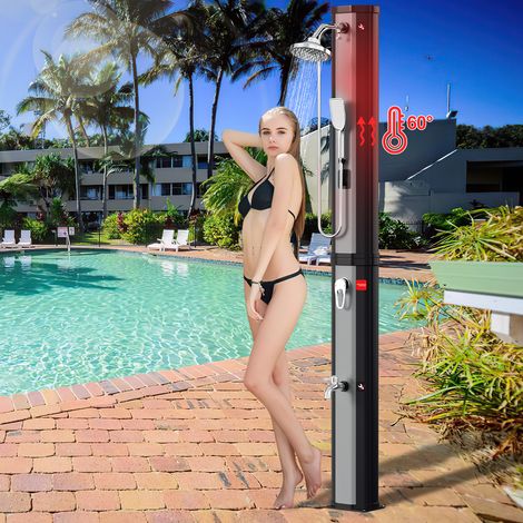 Wolketon Solardusche Gartendusche 60L mit Abdeckhaube, Handbrause und Drain Stop – Standsäule für Garten, Pool & Camping in Silber