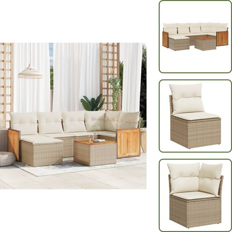 7-tlg. Garten-Sofagarnitur mit Kissen Beige Poly Rattan - Gartenmöbelset - Rattan Möbel - Outdoor Set - Lounge Set - Esstischgarnitur (1/5)